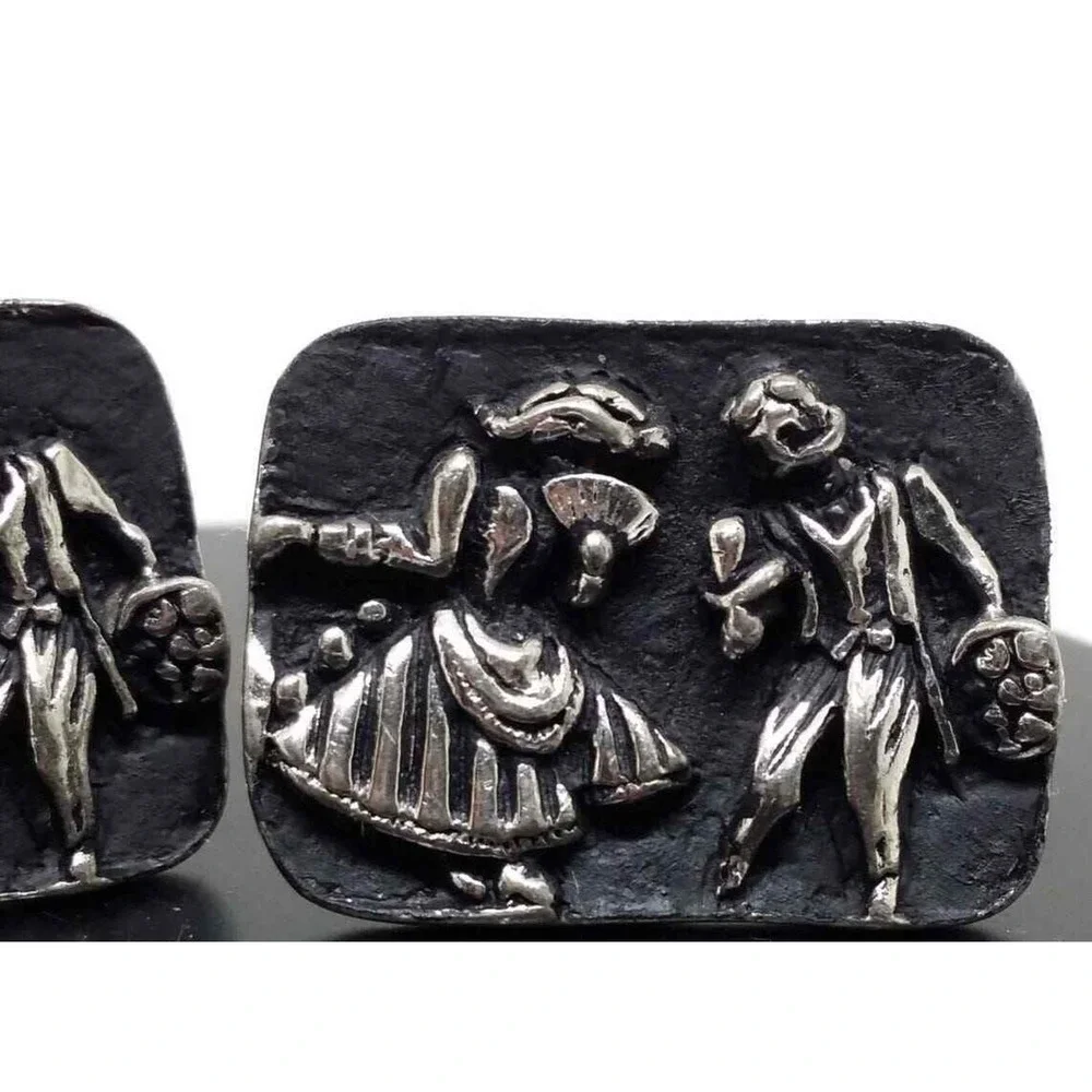 Large Black Enamel Cufflinks Silver Tone‎ Dancing Couple Novelty Mens Deco Dance